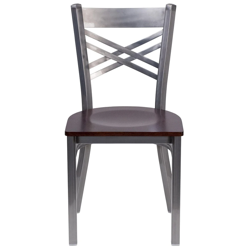 HERCULES Series Clear Coated ''X'' Back Metal Restaurant Chair - Burgundy Vinyl Seat