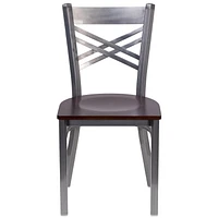 HERCULES Series Clear Coated ''X'' Back Metal Restaurant Chair - Burgundy Vinyl Seat