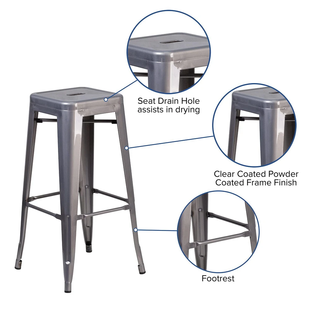 30'' High Backless Clear Coated Metal Indoor Barstool with Square Seat