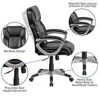 Mid-Back Black Leather Executive Swivel Chair with Padded Arms