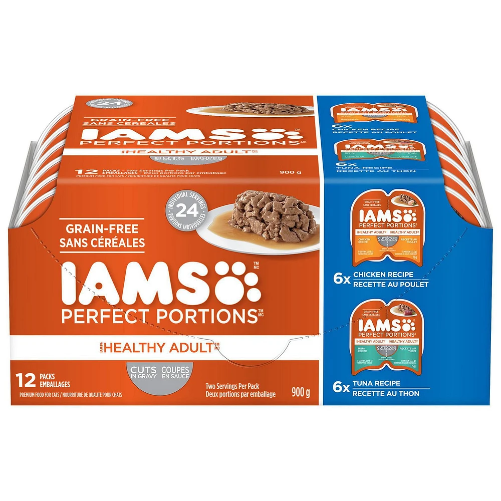 Nourriture humide sans céréales pour chats IAMS PERFECT PORTIONS Healthy Adult format variété - Coupes en sauce recette au poulet et recette au thon 12 x 75 g