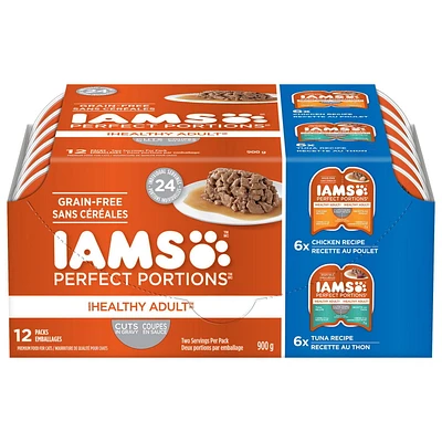 Nourriture humide sans céréales pour chats IAMS PERFECT PORTIONS Healthy Adult format variété - Coupes en sauce recette au poulet et recette au thon 12 x 75 g