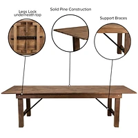 HERCULES Series 9' x 40" Rectangular Antique Rustic Solid Pine Folding Farm Table