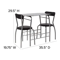 Sutton 3 Piece Space-Saver Bistro Set with Black Glass Top Table and Black Vinyl Padded Chairs