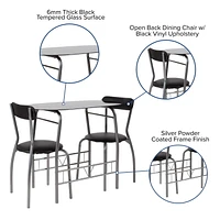 Sutton 3 Piece Space-Saver Bistro Set with Black Glass Top Table and Black Vinyl Padded Chairs