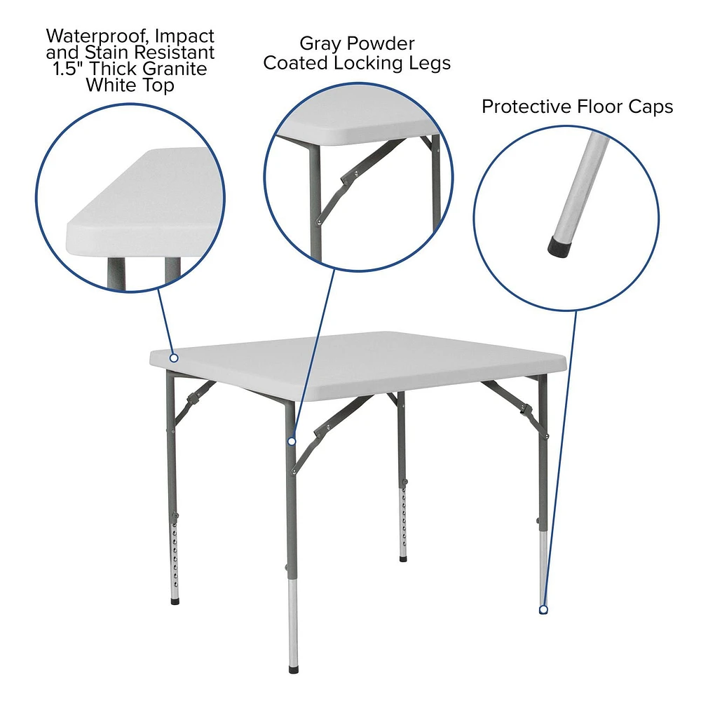 34'' Square Height Adjustable Granite White Plastic Folding Table