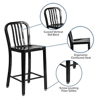 24'' High Black Metal Indoor-Outdoor Counter Height Stool with Vertical Slat Back