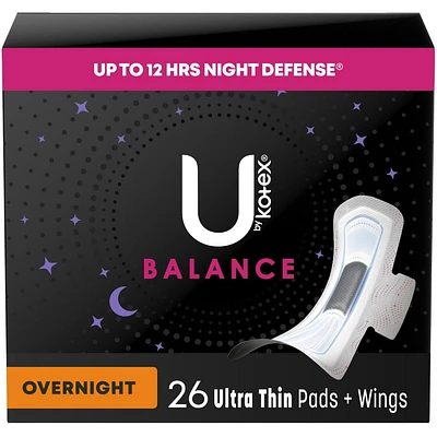 Serviettes ultraminces de nuit U by Kotex Balance avec ailes, 26 unités 26 unités