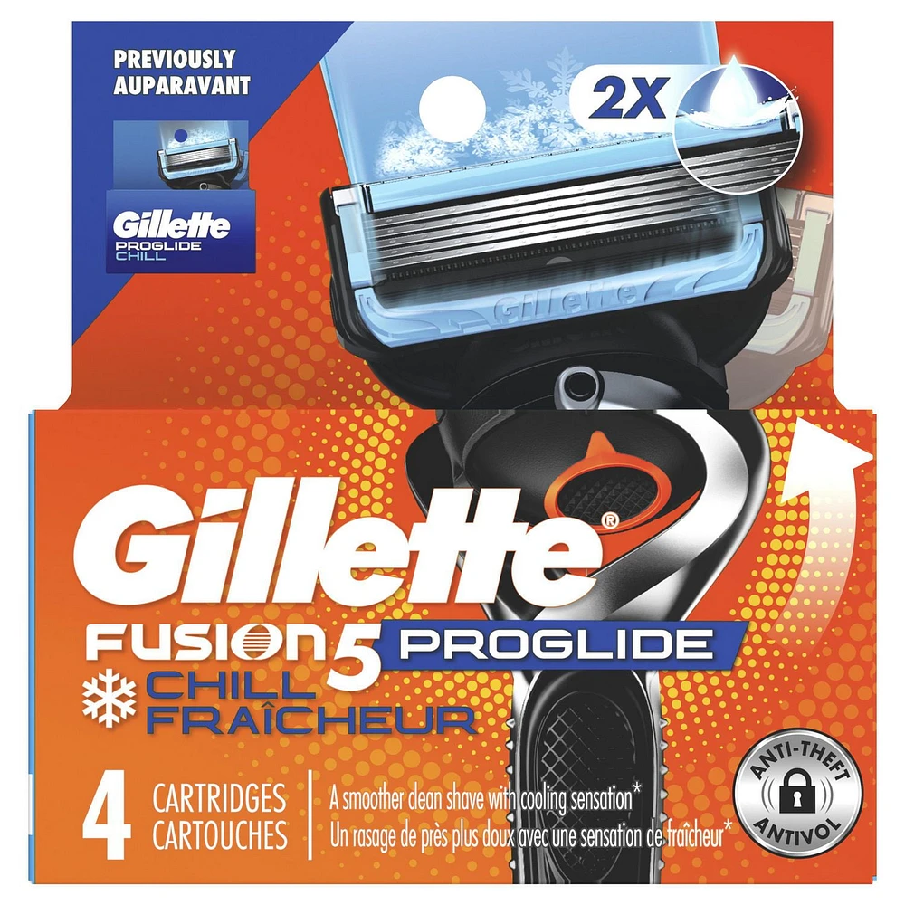 Gillette Fusion5 ProGlide Chill Razor Refills, 4 Razor Cartridges for Flexball Handle, 5-Blade Razor Blades, 2x Cooling Lubrication