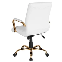 Mid-Back White Leather Executive Swivel Chair with Gold Frame and Arms