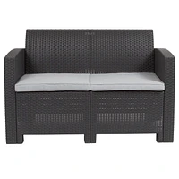 Light Gray Faux Rattan Loveseat with All-Weather Light Gray Cushions