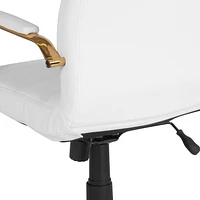 Mid-Back White Leather Executive Swivel Chair with Gold Frame and Arms