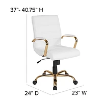 Mid-Back White Leather Executive Swivel Chair with Gold Frame and Arms