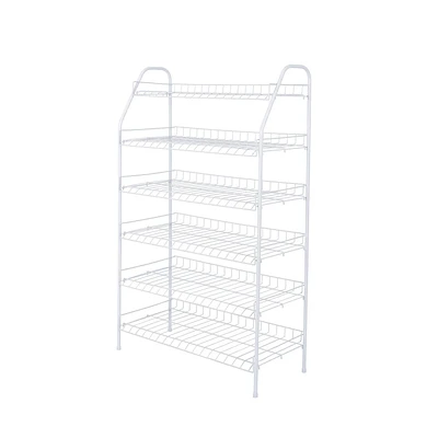 MAINSTAYS 6 Tier White Metal Shoe Rack and Accessories Storage, perfect storage for a variety of items including shoes, sweaters, accessories, folded clothes and much more. Each shelf holds up to 3 pairs., Assembled Size: 25.75inch Wx11.61inch Dx42inch H; White coating