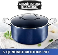 Granitestone Blue 5 Quart Stock Pot with Ultra Nonstick & Durable Mineral Derived & Diamond Reinforced Surface, Stay Cool Handles & Tempered Glass Lid