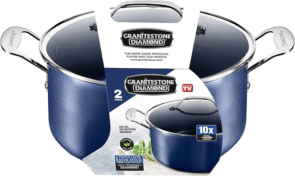 Granitestone Blue 5 Quart Stock Pot with Ultra Nonstick & Durable Mineral Derived & Diamond Reinforced Surface, Stay Cool Handles & Tempered Glass Lid