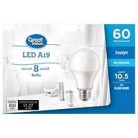 Great Value 60W A19 Daylight LED bulbs 8-pack, GV 60W A10 8pk