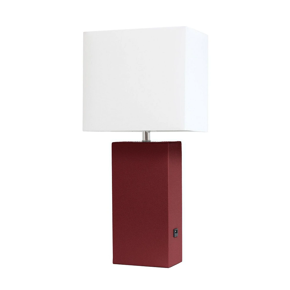 Elegant Designs Modern Leather Table Lamp with USB and White Fabric Shade