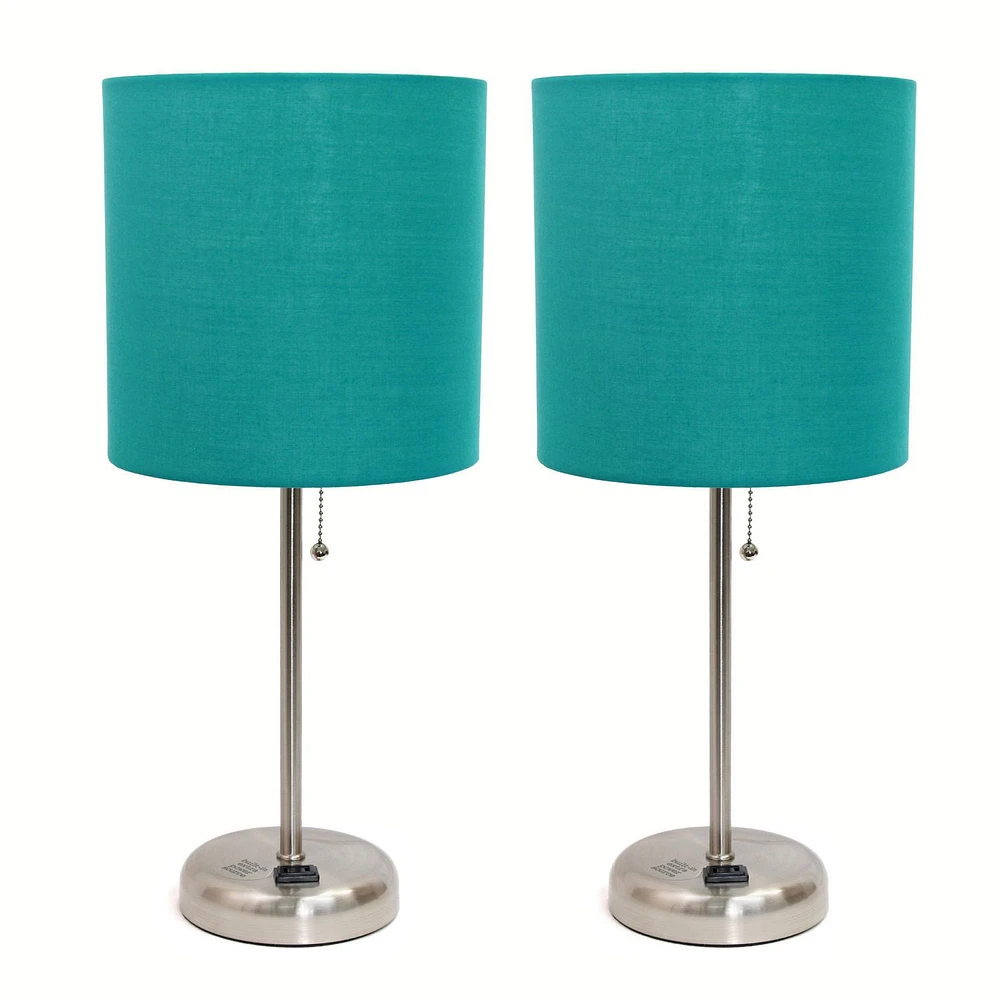 LimeLights Brushed Steel Stick Lamp with Charging Outlet and Fabric Shade 2 Pack Set