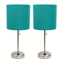 LimeLights Brushed Steel Stick Lamp with Charging Outlet and Fabric Shade 2 Pack Set