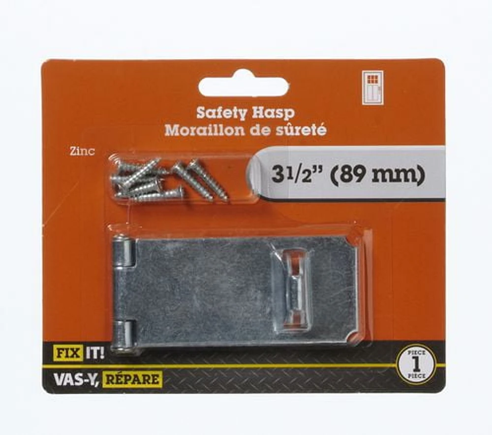 3-1/2" Zinc Safety Hasp 1 Piece, Accessories are ideal for doors, cabinets and gates. The mounting screws are concealed when the hasp is closed for added security.