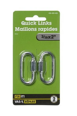 3/16"x2" Quick Link 2 Pieces, Designed for quick repair of low carbon steel chain and for joining attachments. Simply attach to the desired attachment and tighten nut with fingers to secure.