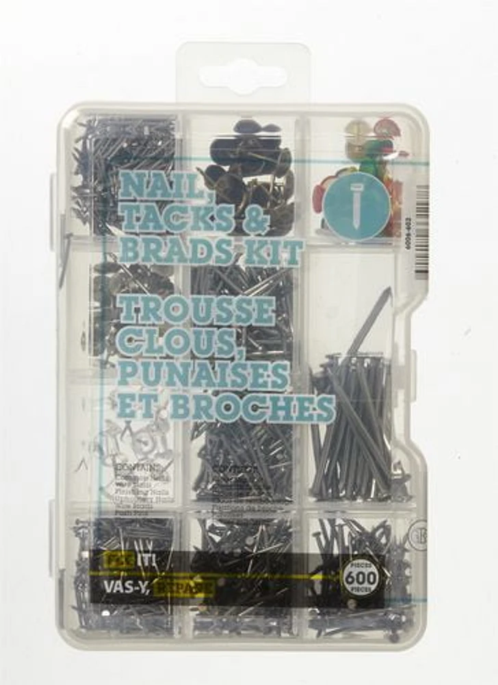 Nail, Tacks And Brads Kit 600 Pieces, Essential assortment of Accessories tacks and brads.