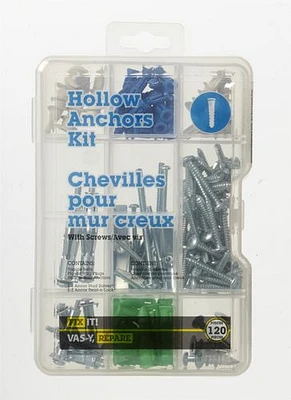 Assorted Anchor Kit 120 Pieces, Plastic anchors are used to support light loads on drywall without fastening to a wall stud, or into masonry.