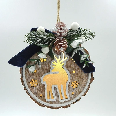 Holiday Time Reindeer Wood Slice LED light up Ornament, Wood Slice LED Ornament