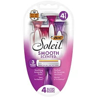 Rasoir jetable pour femmes BIC Soleil Smooth Scented, 3 lames avec une bande hydratante pour un rasage délicat, assortiment, ensemble de 4 pièces de rasoirs. Paquet de 4