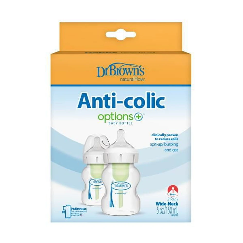 Dr. Brown’s Natural Flow Anti-Colic Options+ Wide-Neck Baby Bottle, 5 oz/150 mL, Level 1 Nipple, 2-Pack, 0m+, 2 Pack