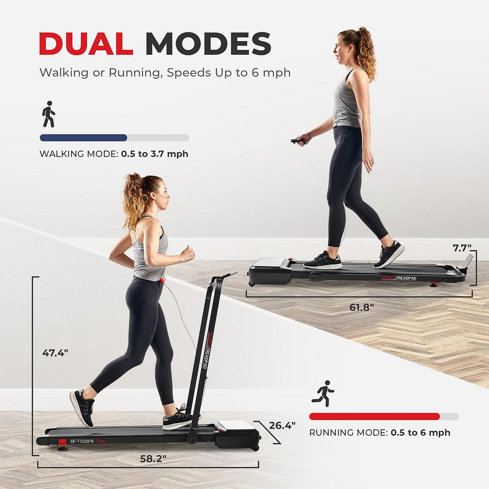 Sunny Health & Fitness Treadpad Pacer Dual Mode Walking/Running Treadmill with 6-Level Auto Incline, Remote Control & Exclusive SunnyFit App Enhanced Bluetooth Connectivity