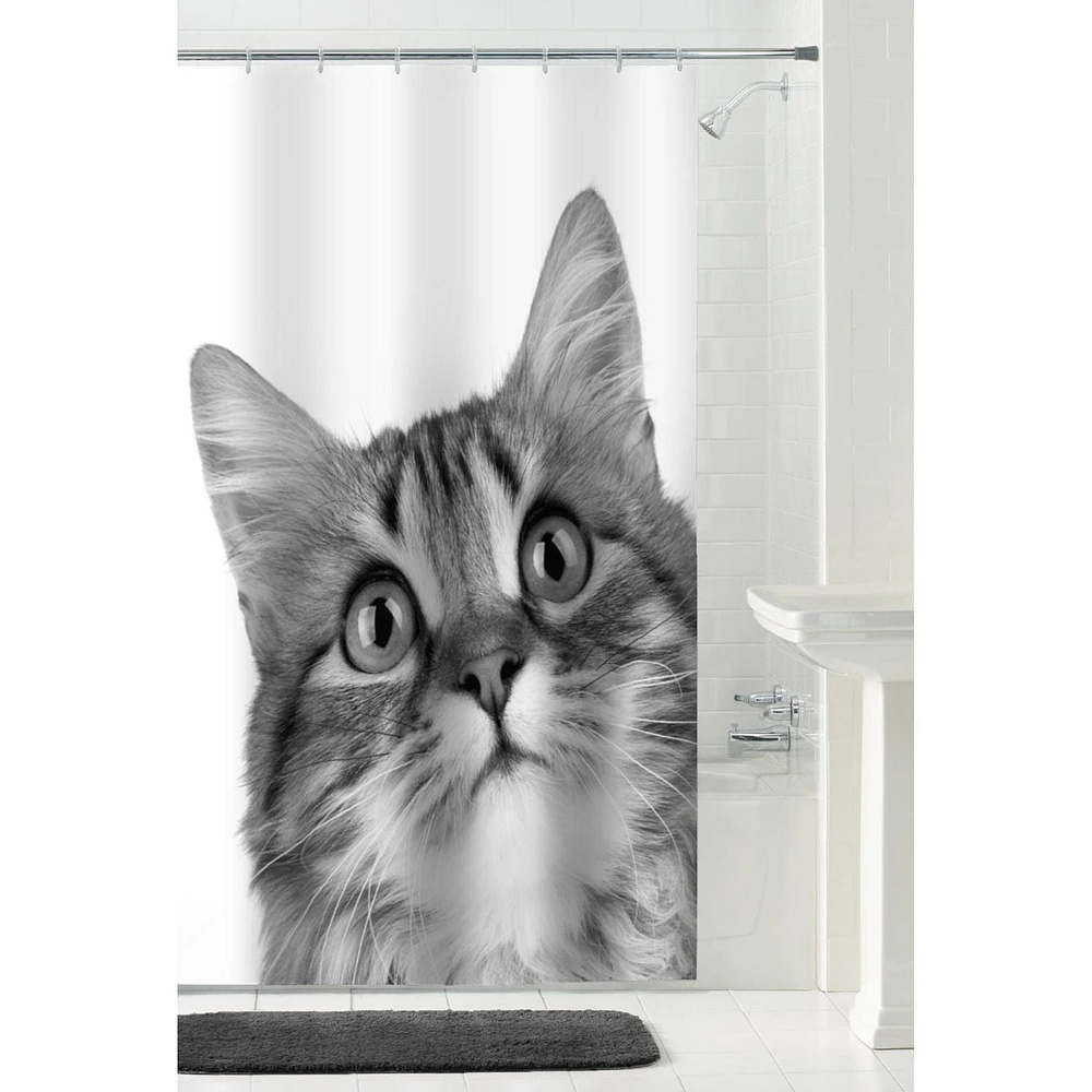 Mainstays Peeking Cat PEVA Shower Curtain, Black, Peeking Cat Shower Curtain