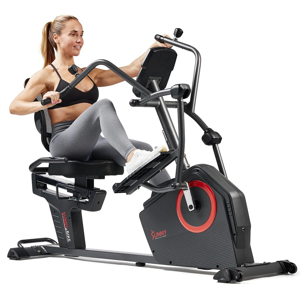 Sunny Health & Fitness Elite Recumbent Cross Trainer & Elliptical Machine with Arm Exercisers, Easy Adjust Seat, & Exclusive SunnyFit® App Enhanced Bluetooth Connectivity, Electromagnetic Resistance