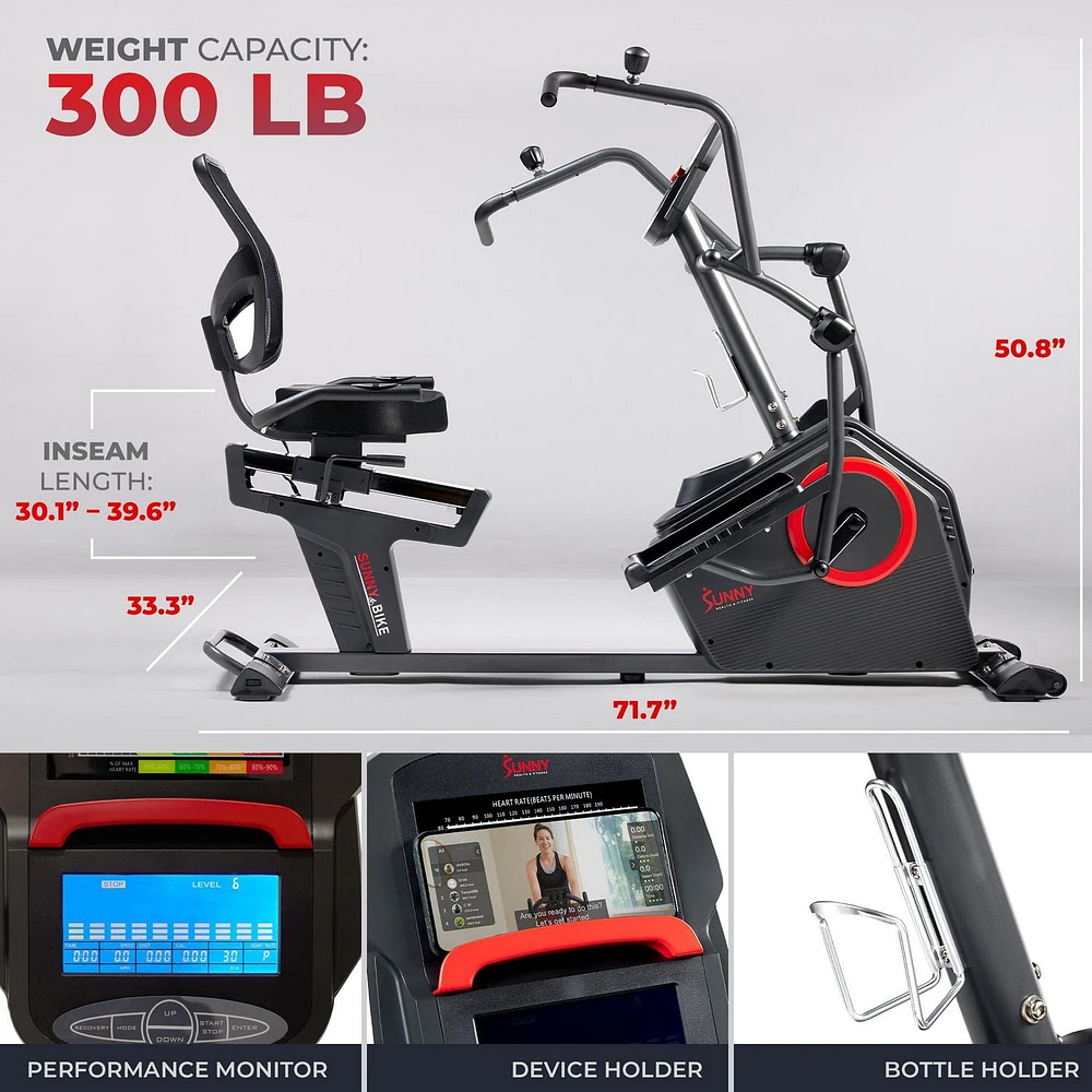 Sunny Health & Fitness Elite Recumbent Cross Trainer & Elliptical Machine with Arm Exercisers, Easy Adjust Seat, & Exclusive SunnyFit® App Enhanced Bluetooth Connectivity, Electromagnetic Resistance