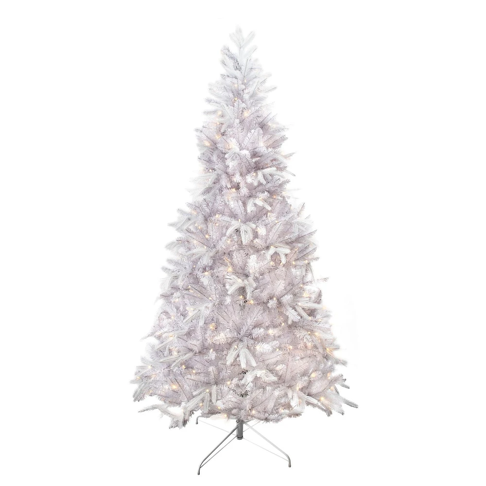 7.5FT prelit pe/pvc white pine tree,350 dual color (warm white/multi) 5mm 8 function lights,1568 tip