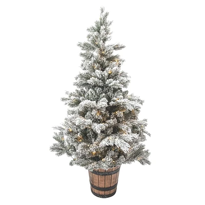 4.5 FT prelit flocked potted pine tree,100 5mm dual led (warm white/multi),8 functions,329 tips