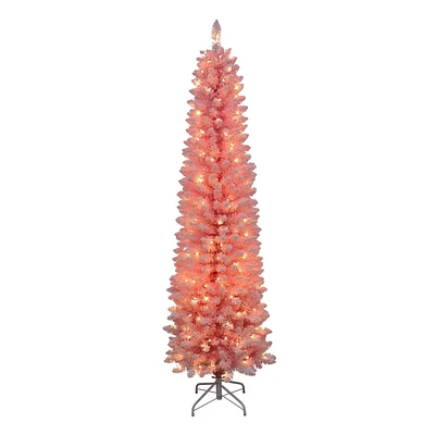 6.5 FT prelit pink flocked pine slim tree, 200 warm white led lights, 600 tips