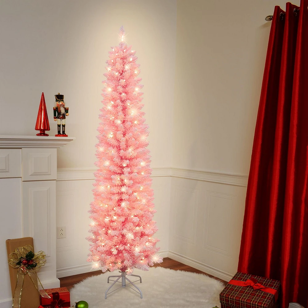 6.5 FT prelit pink flocked pine slim tree, 200 warm white led lights, 600 tips