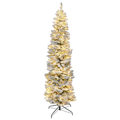 7FT prelit flocked pine slim tree, 200 warm white 5mm led lights, multifunction & timer, 600 tips