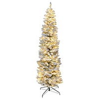 7FT prelit flocked pine slim tree, 200 warm white 5mm led lights, multifunction & timer, 600 tips