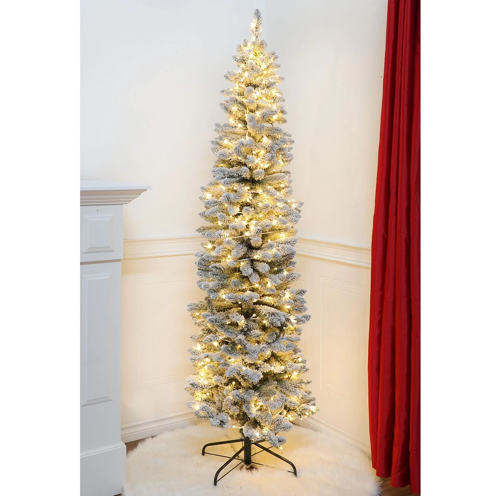 7FT prelit flocked pine slim tree, 200 warm white 5mm led lights, multifunction & timer, 600 tips