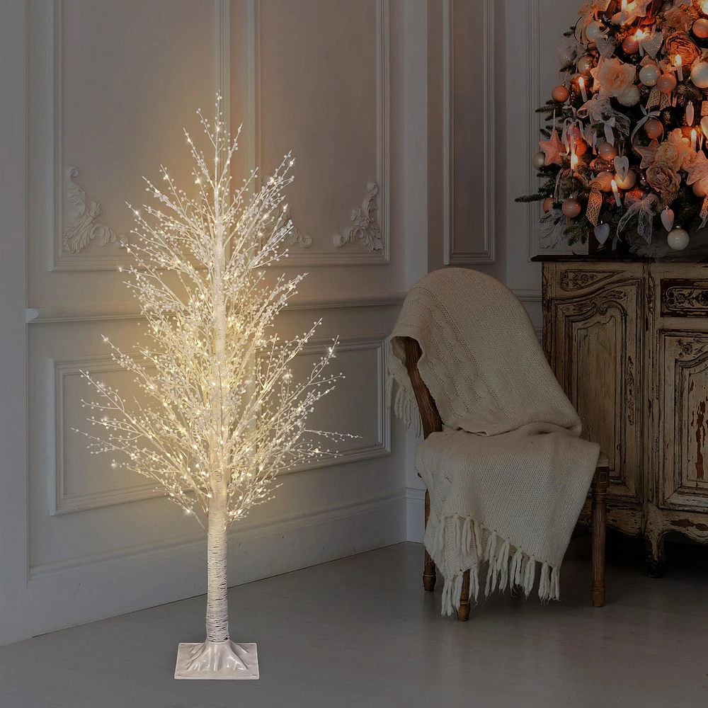 5FT prelit white birch tree, plastic white berries,170 warm white microdot tape light (17 twinkling)