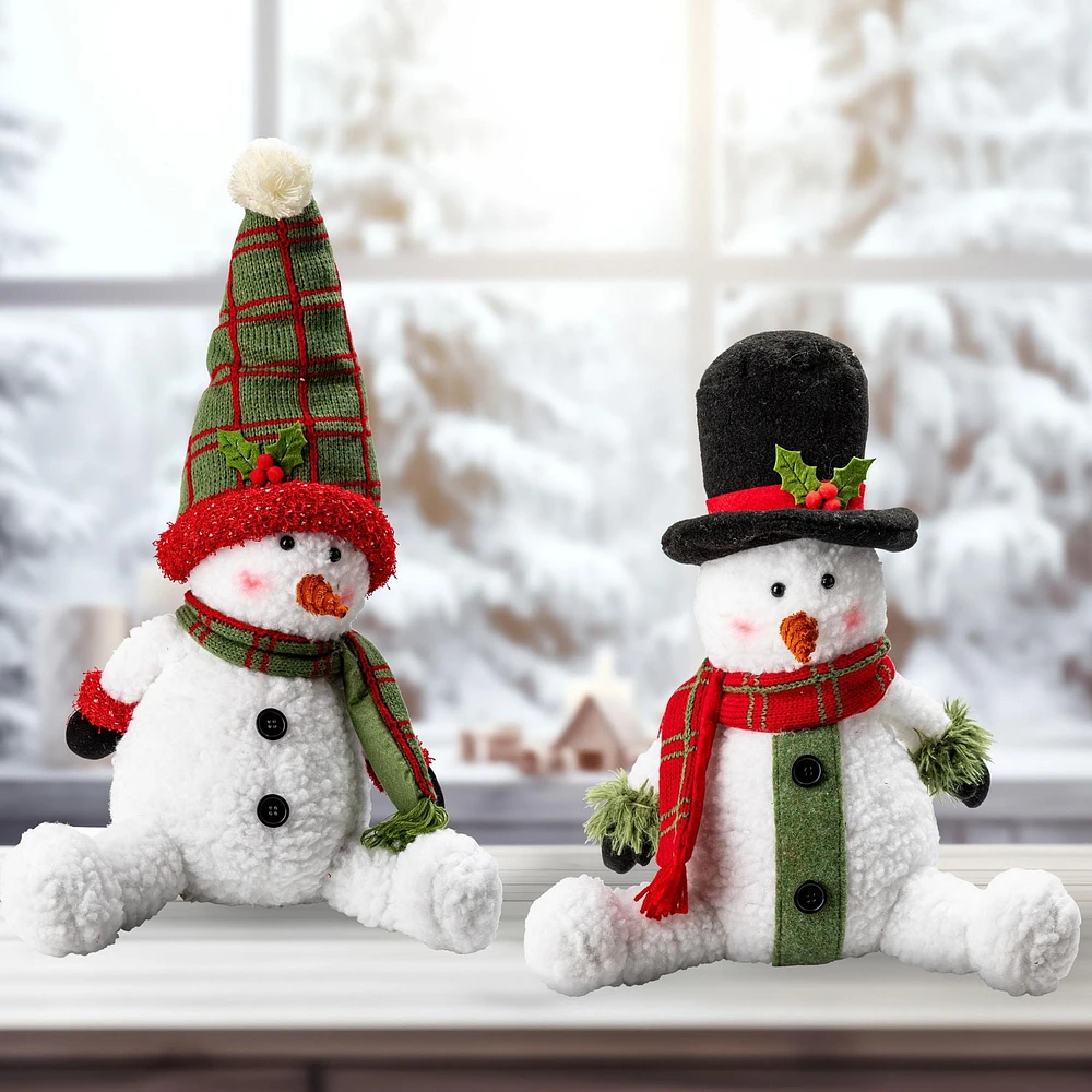 Set of 2 fabric sitting snowman 30cm, one with top hat, one with santa hat, white/green/red