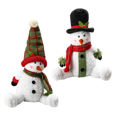 Set of 2 fabric sitting snowman 30cm, one with top hat, one with santa hat, white/green/red