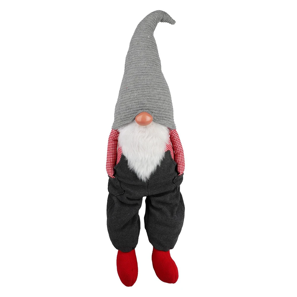 Fabric sitting gnome santa with overalls & knit hat 110cm; grey