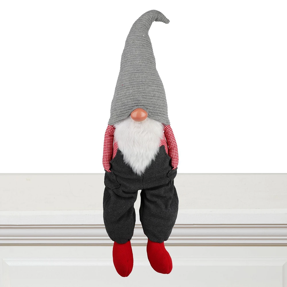 Fabric sitting gnome santa with overalls & knit hat 110cm; grey