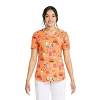 Peanuts Charlie Brown Snoopy Creepy Pumpkins Women's V-Neck Print Scrub Top