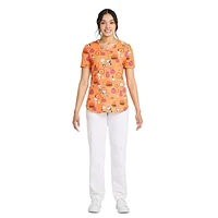 Peanuts Charlie Brown Snoopy Creepy Pumpkins Women's V-Neck Print Scrub Top