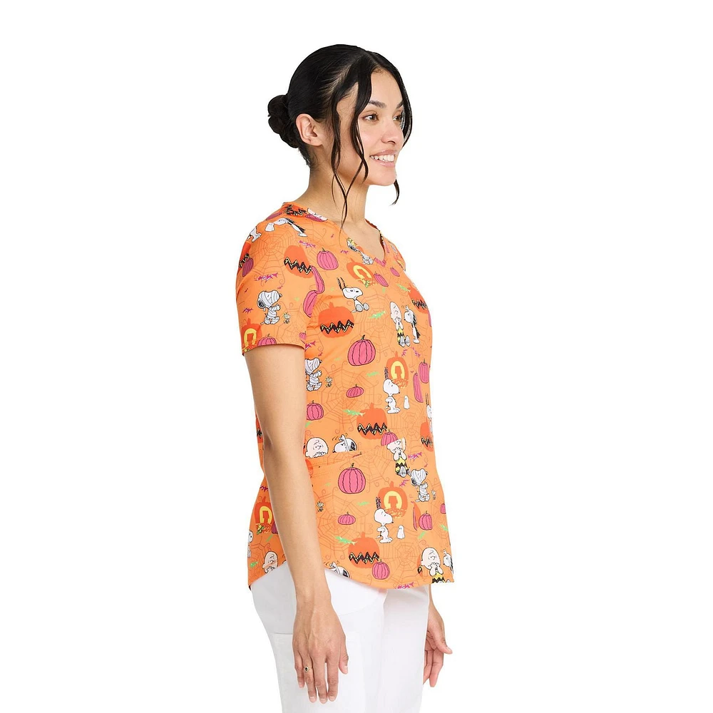 Peanuts Charlie Brown Snoopy Creepy Pumpkins Women's V-Neck Print Scrub Top